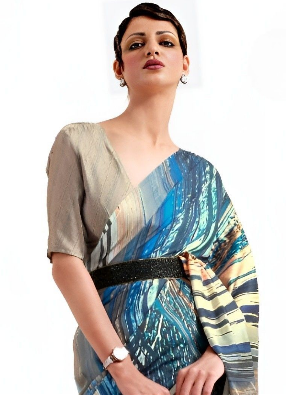 EKKTARA Saree For Women Golden Printed Digital Crepe Georgette Saree