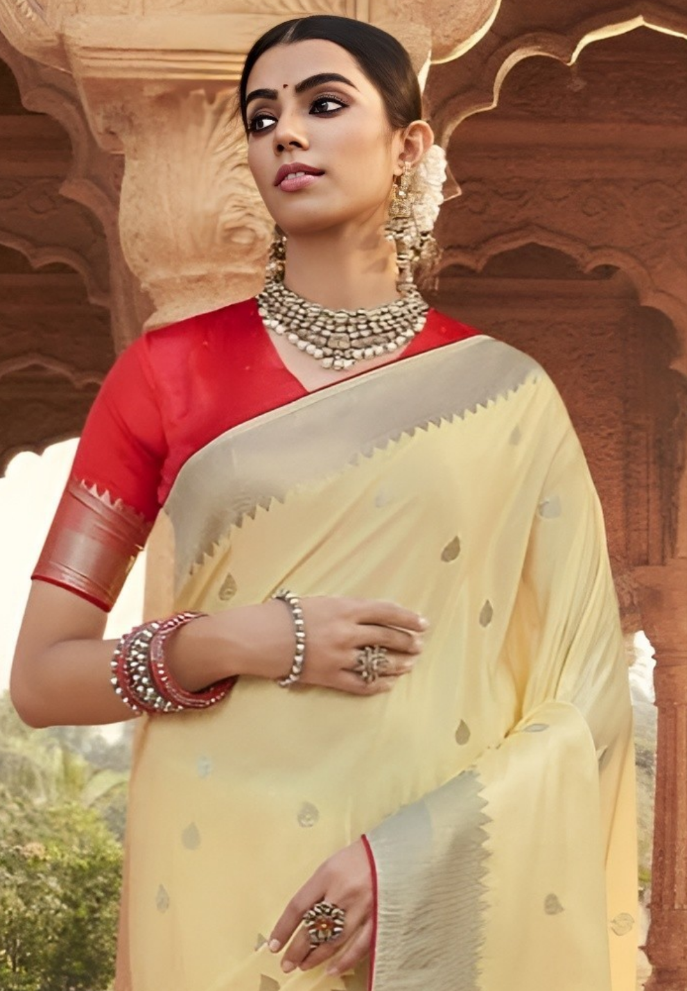 EKKTARA Saree For Women Light Yellow Designer Satin Paithani Saree With Contrast Blouse