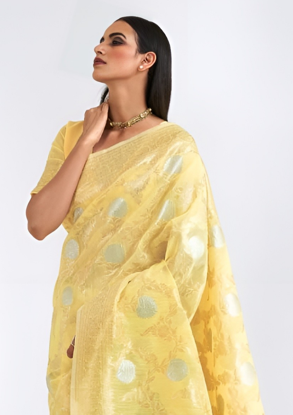 EKKTARA Saree For Women Light Yellow Linen Weaving Saree