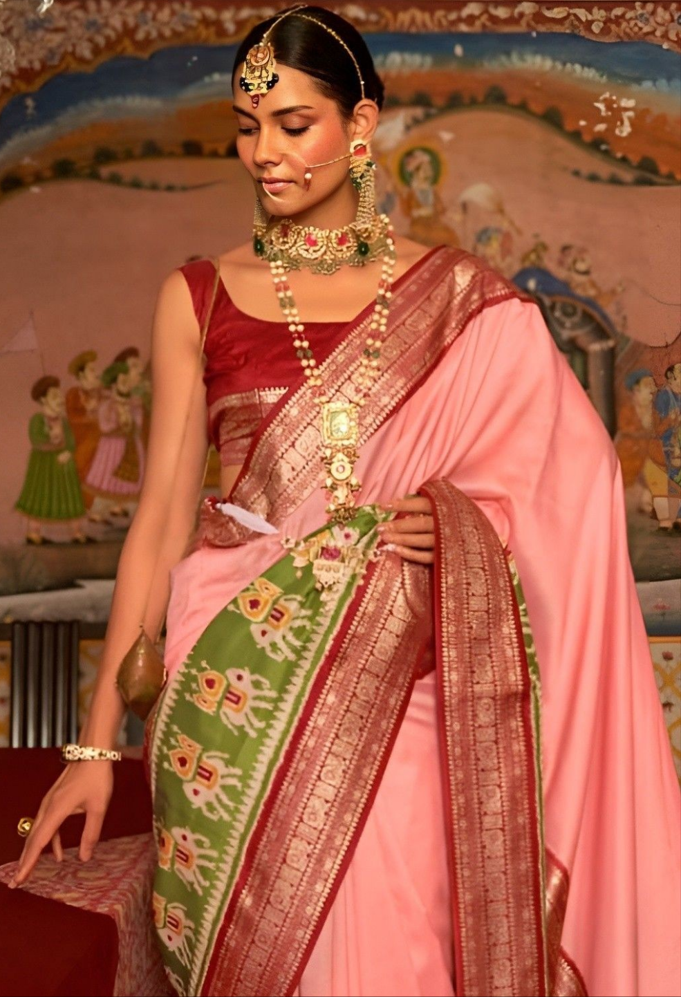 EKKTARA Saree For Women Peach Colour Pure Silk Designer Patola Saree With Unstitched Blouse