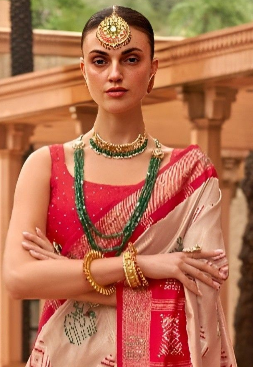 EKKTARA Saree For Women Beige & Red Colour Pure Silk Designer Patola Saree With Unstitched Blouse