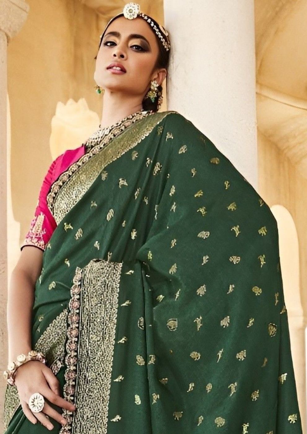 EKKTARA Saree For Women Green Dola Silk Designer Saree