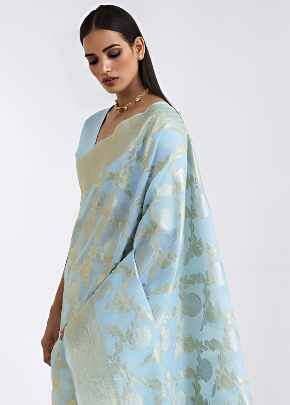 EKKTARA Saree For Women Light Blue Pure Linen Weaving Saree