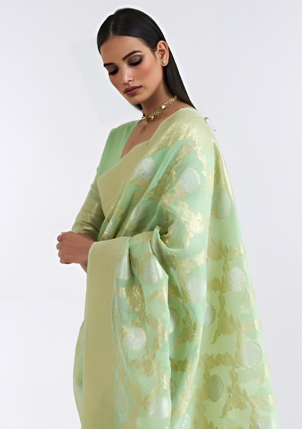 EKKTARA Saree For Women Light Pista Pure Linen Weaving Saree