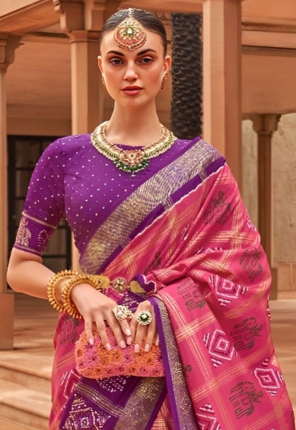 EKKTARA Saree For Women Pink & Purple Colour Pure Silk Designer Patola Saree With Unstitched Blouse