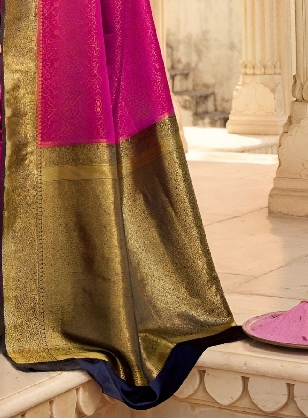 EKKTARA Saree For Women Golden Magenta Colour Banarasi Silk Zari Saree With Unstitched Blouse