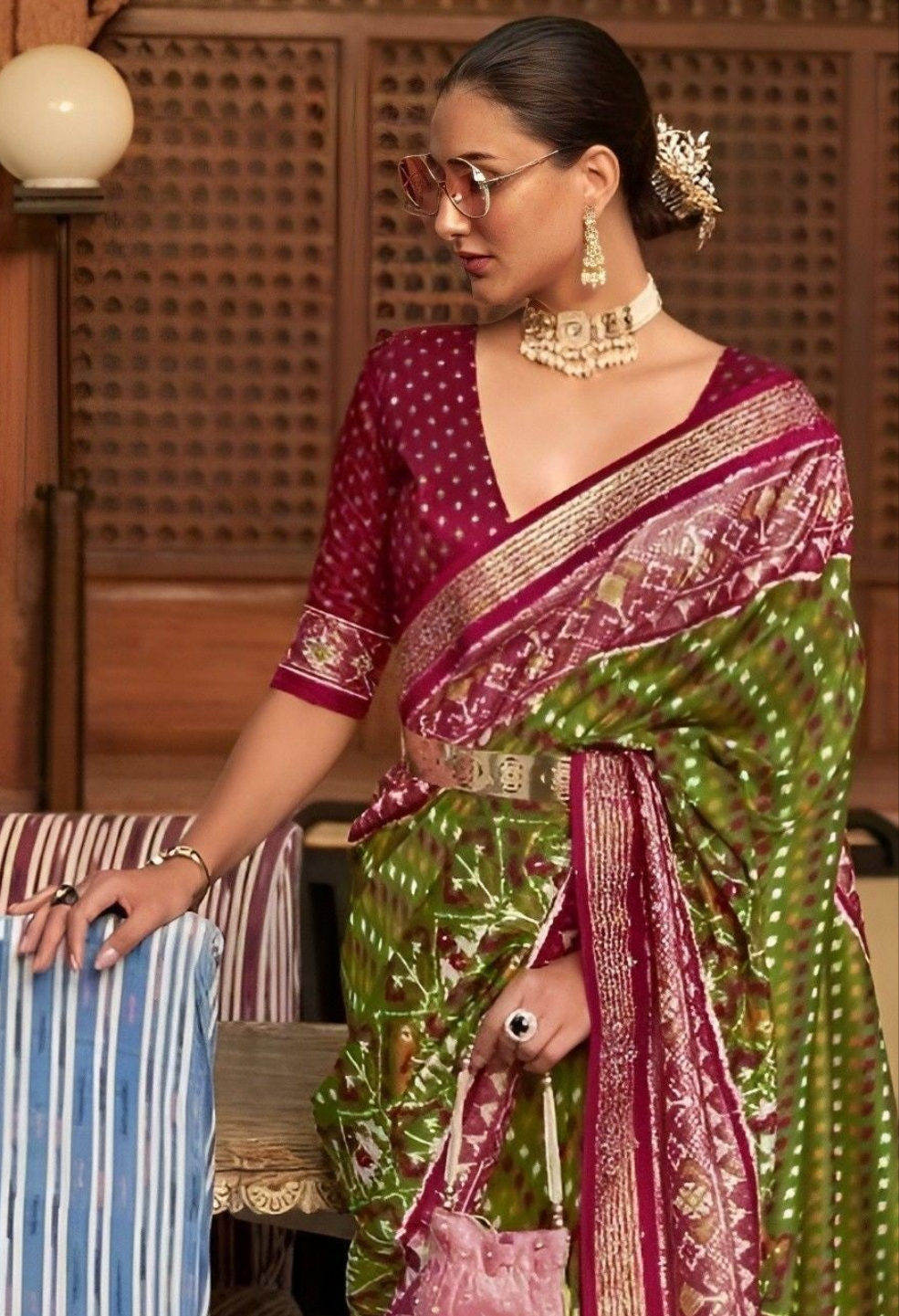 EKKTARA Saree For Women Olive Green Colour Soft Silk Printed Patola Saree With Unstitched Blouse