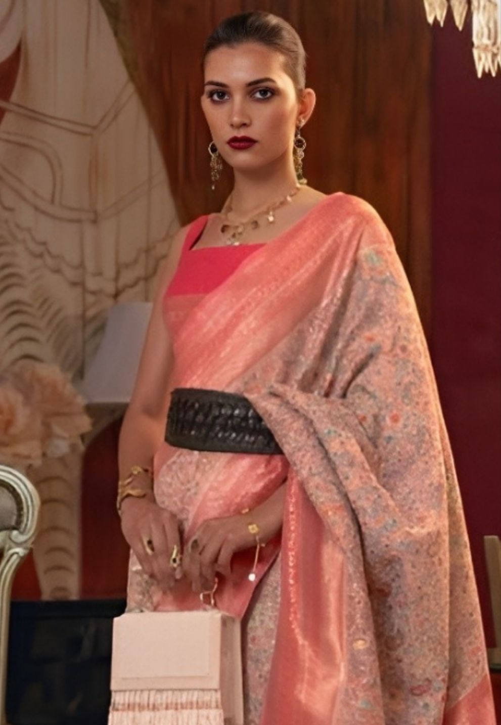 EKKTARA Saree For Women Peach Colour Kashmiri Chaap Handloom Weaving Silk Saree With Unstitched Blouse