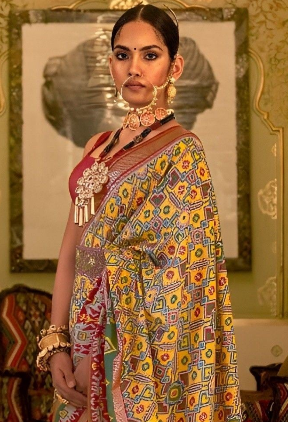 EKKTARA Saree For Women Yellow Colour Patola Silk Saree With Designer Border & Unstitched Blouse