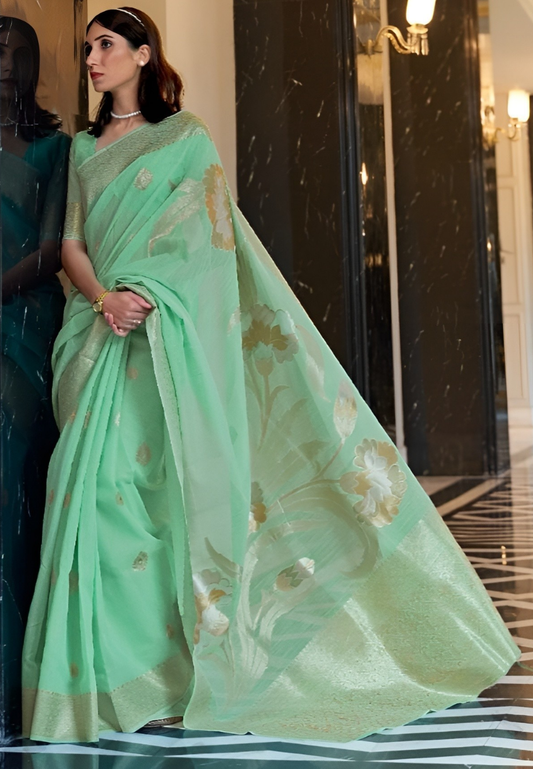 EKKTARA Saree For Women Pista Green Linen Handloom Weaving Saree With Unstitched Blouse