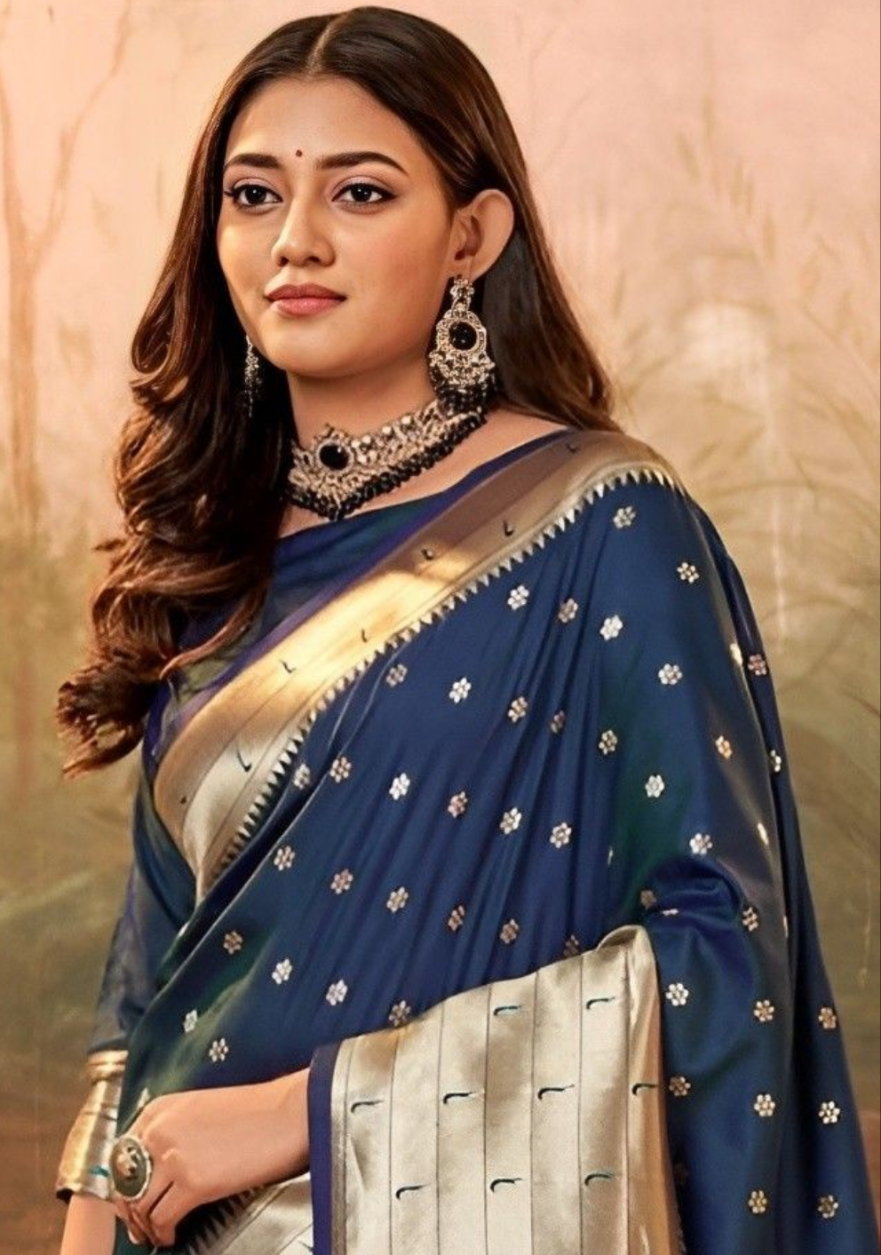 EKKTARA Saree For Women Navy Blue Colour Silk Zari Border Paithani  Saree With Unstitched Blouse