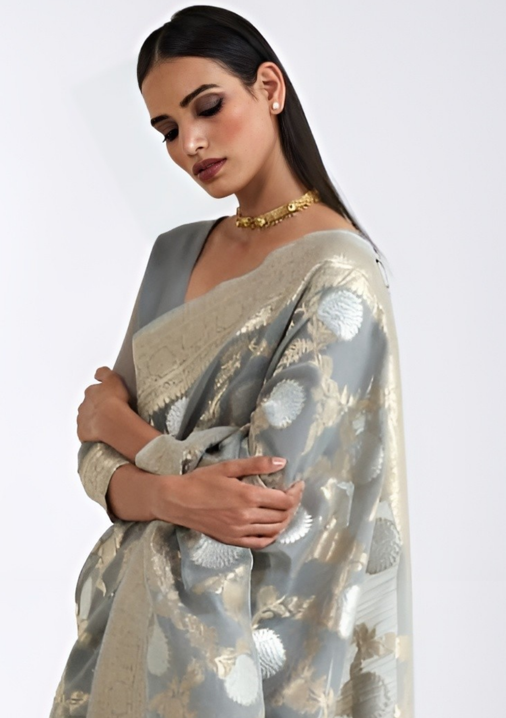 EKKTARA Saree For Women Light Grey Pure Linen Weaving Saree