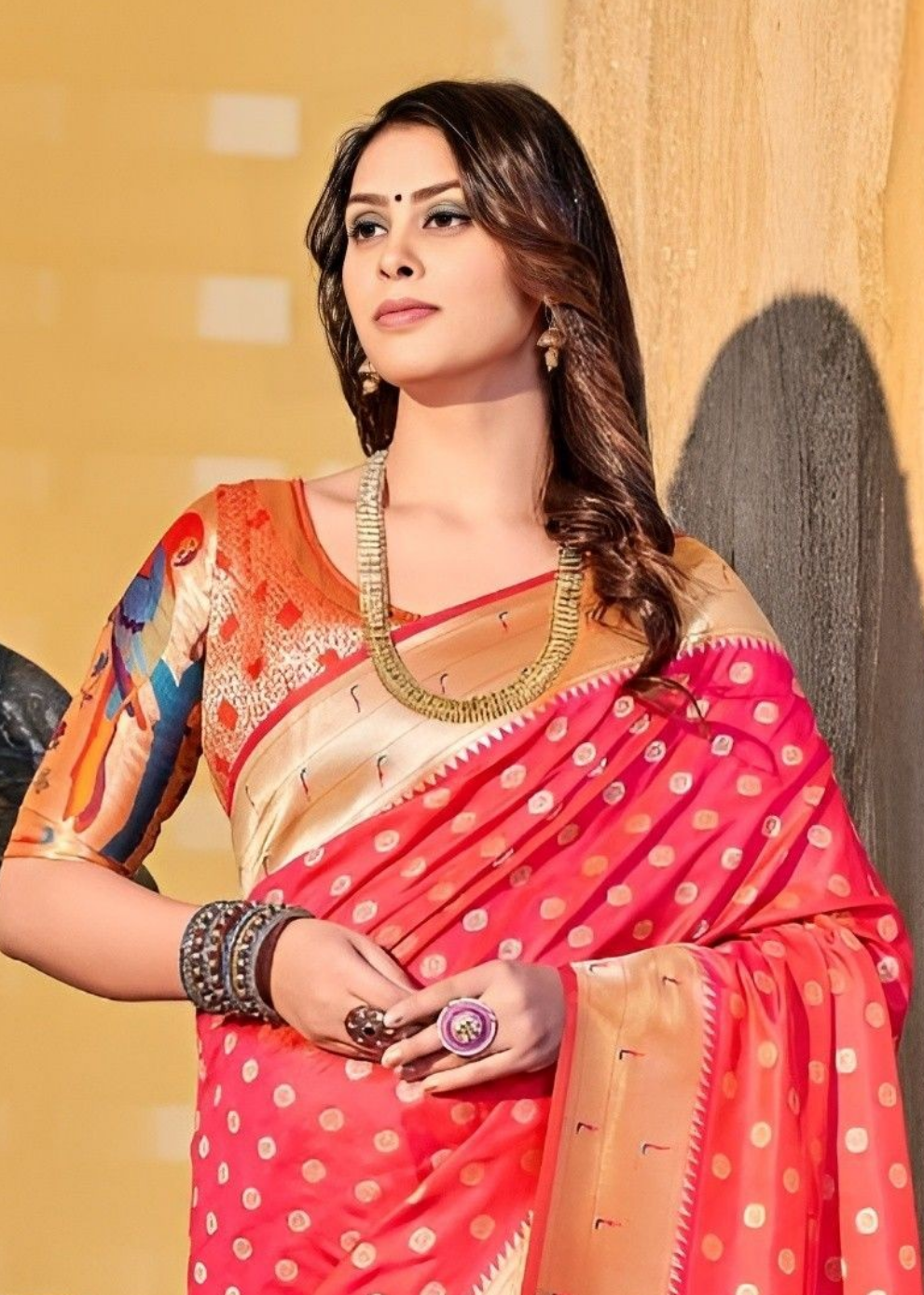 EKKTARA Saree For Women Rose Red Paithani Silk Saree & Designer Blouse