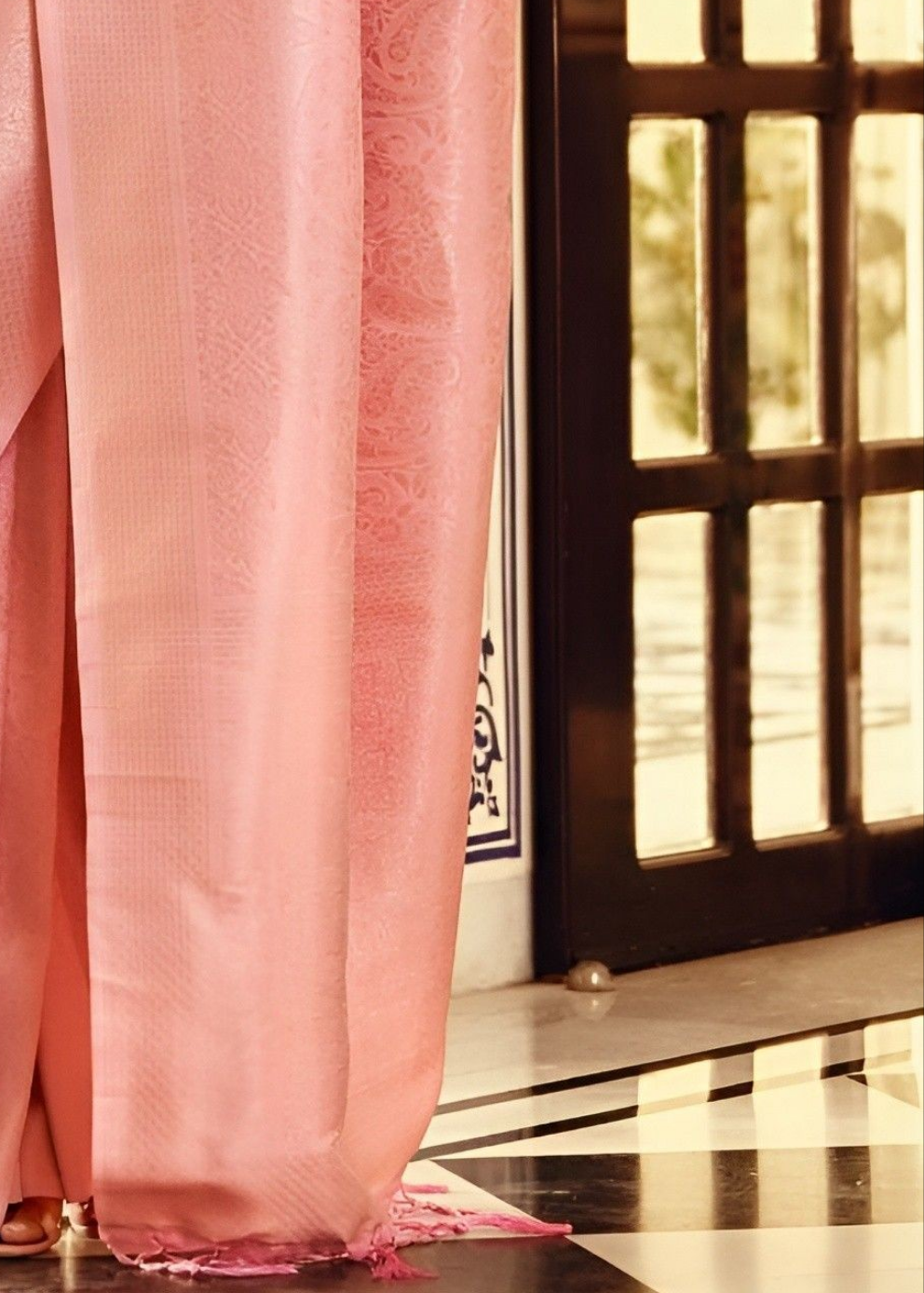EKKTARA Saree For Women Peach Colour Kanjivaram Soft Silk Saree With Unstitched Blouse