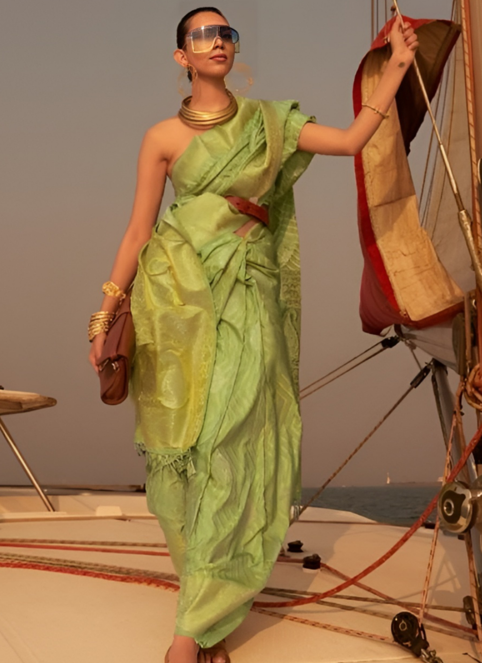 EKKTARA Saree For Women Lime Green Two Tone Handloom Weaving Satin Silk Saree