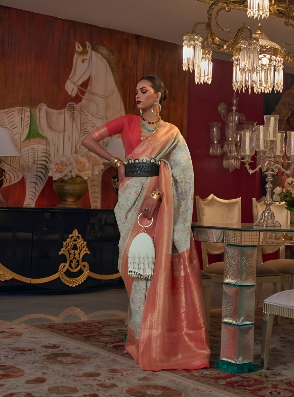 EKKTARA Saree For Women Light Green Colour Kashmiri Chaap Handloom Weaving Silk Saree With Unstitched Blouse
