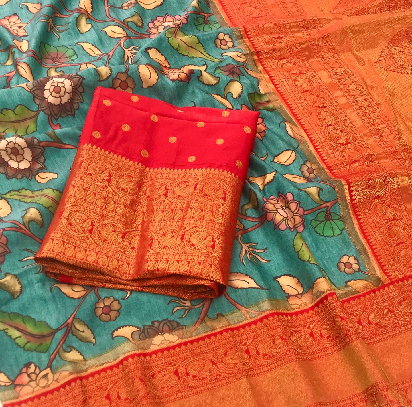 EKKTARA Saree For Women Sky Blue Colour Tusser Silk Kalamkari Print Saree With Contrast Unstitched Blouse