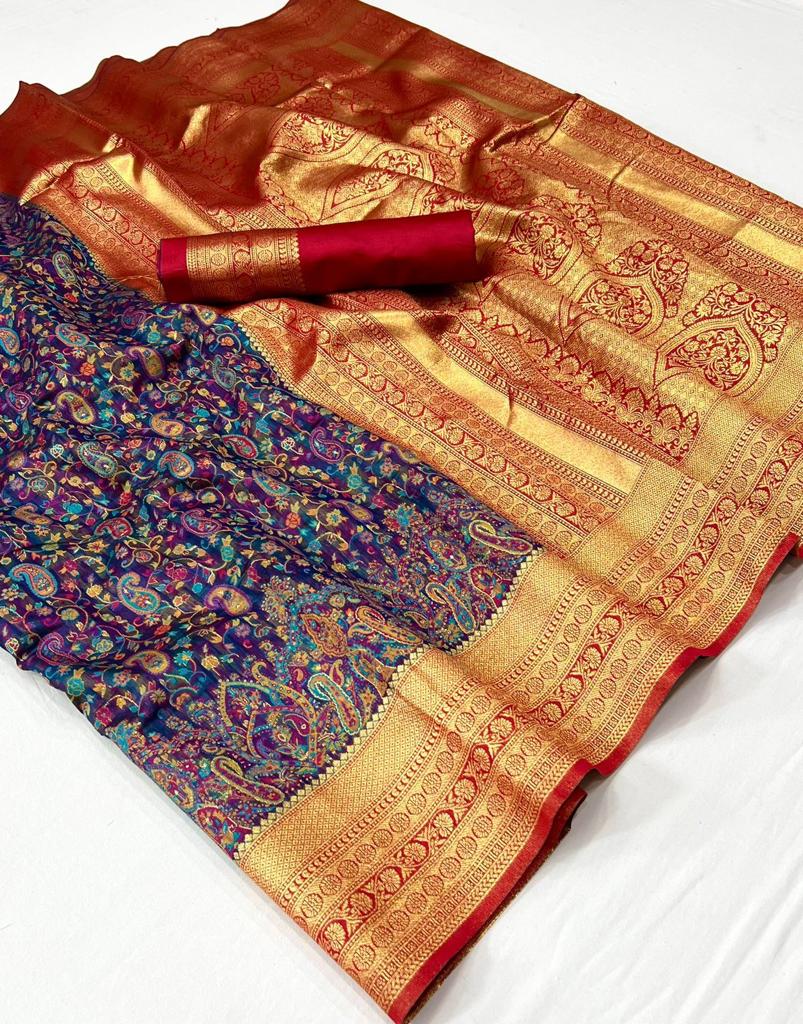 EKKTARA Saree For Women Multi Blue Colour Kashmiri Chaap Handloom Weaving Silk Saree With Unstitched Blouse