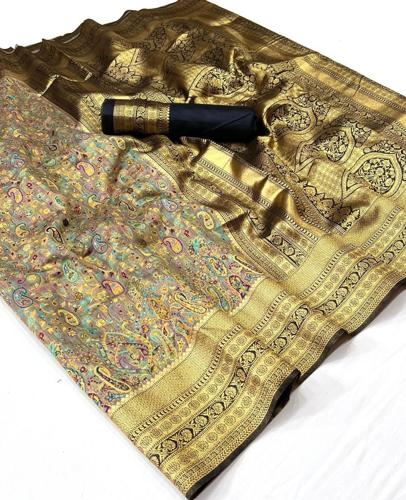 EKKTARA Saree For Women Golden Colour Kashmiri Chaap Handloom Weaving Silk Saree With Unstitched Blouse