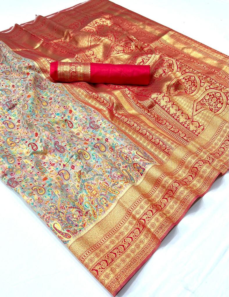 EKKTARA Saree For Women Light Green Colour Kashmiri Chaap Handloom Weaving Silk Saree With Unstitched Blouse