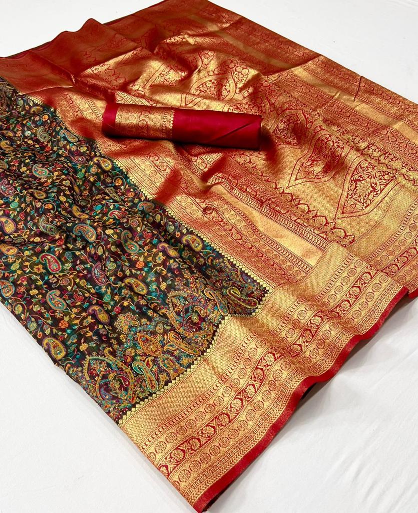 EKKTARA Saree For Women Multi Colour Kashmiri Chaap Handloom Weaving Silk Saree With Unstitched Blouse