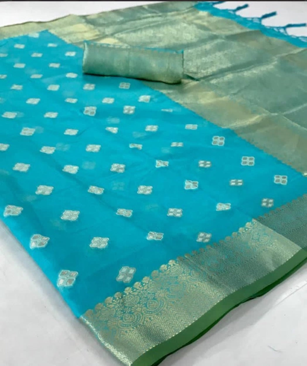 EKKTARA Saree For Women Turquoise Zari Woven Linen Silk Saree