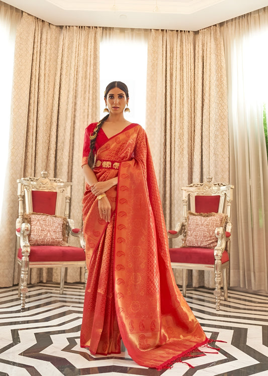 EKKTARA Saree For Women Red Colour Silk Saree With Unstitched Blouse