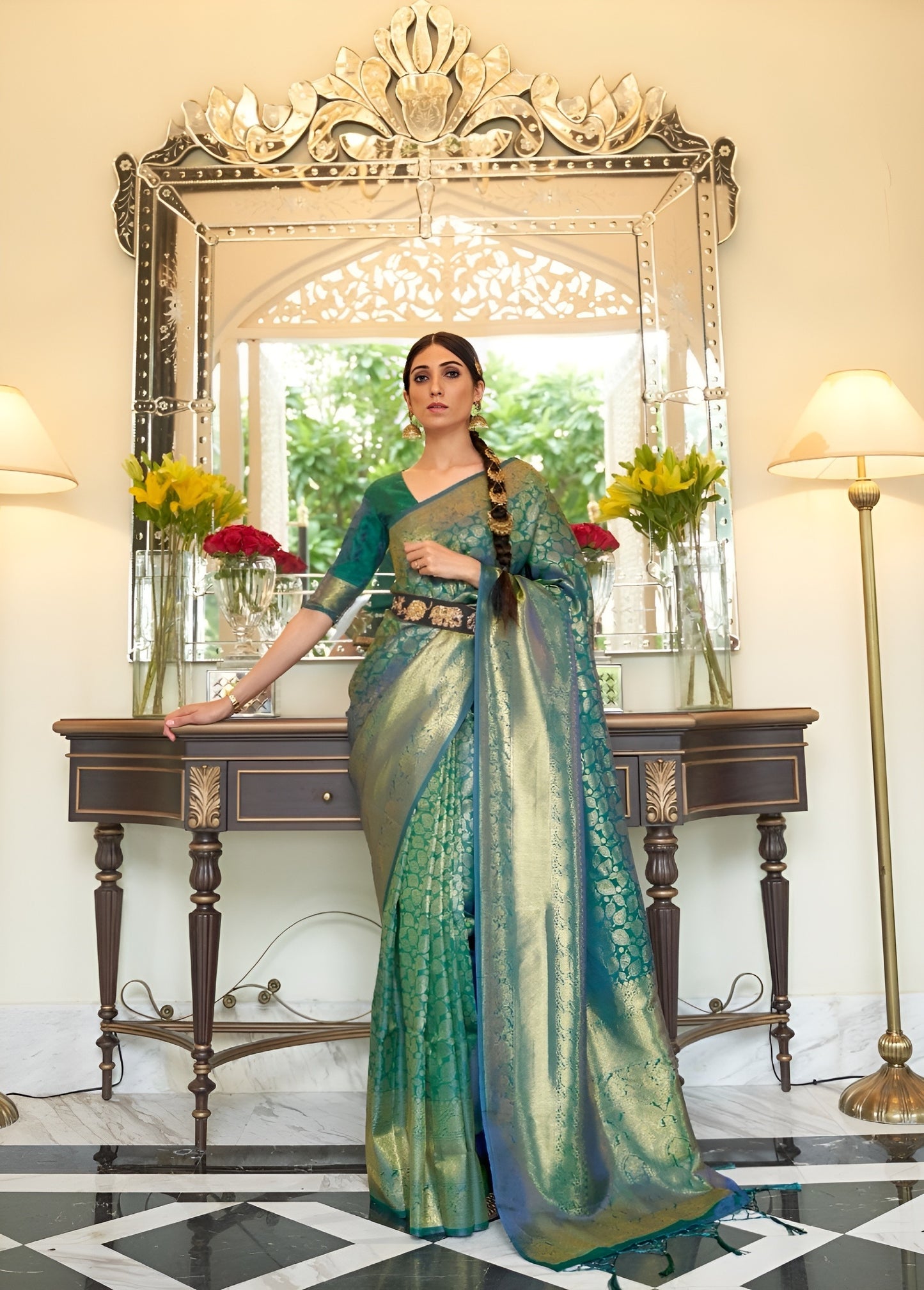 EKKTARA Saree For Women Green Colour Silk Saree With Unstitched Blouse