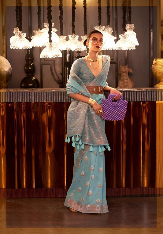 EKKTARA Saree For Women Turquoise Colour Linen Copper Zari Weaving Silk Saree With Unstitched Blouse
