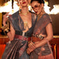 EKKTARA Saree For Women Dark Grey Colour Linen Copper Zari Weaving Silk Saree With Unstitched Blouse