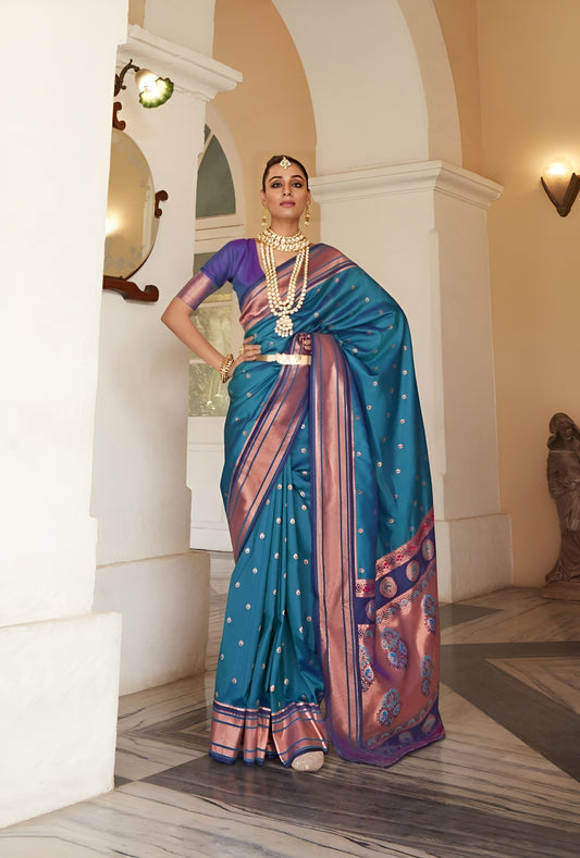 EKKTARA Saree For Women Blue Colour Peshwai Paithani Silk Saree With Unstitched Blouse