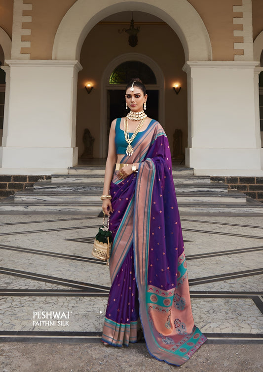 EKKTARA Saree For Women Purple Colour Peshwai Paithani Silk Saree With Unstitched Blouse