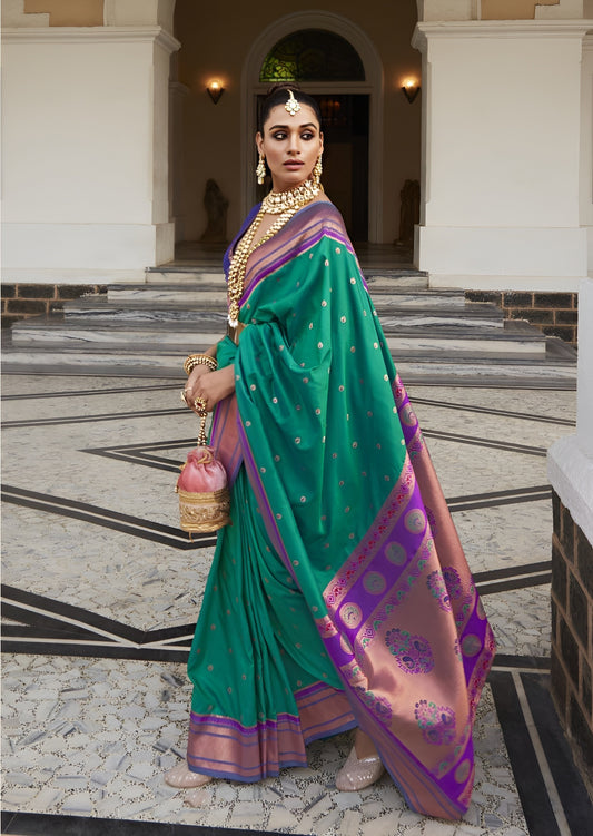 EKKTARA Saree For Women Green Colour Peshwai Paithani Silk Saree With Unstitched Blouse