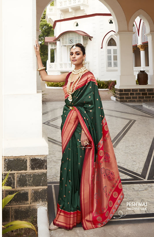 EKKTARA Saree For Women Dark Green Colour Peshwai Paithani Silk Saree With Unstitched Blouse