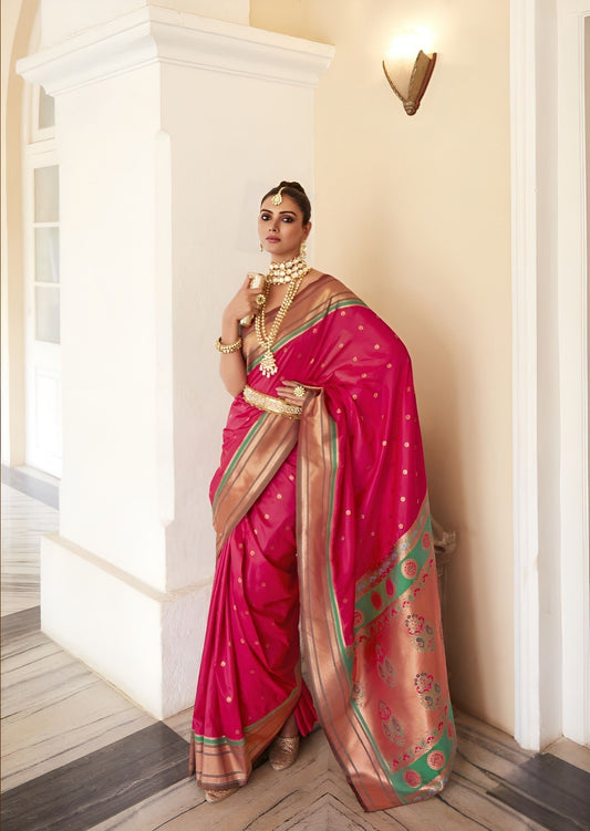 EKKTARA Saree For Women Pink Colour Peshwai Paithani Silk Saree With Unstitched Blouse