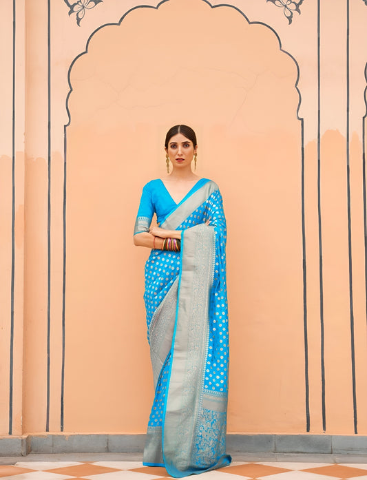 EKKTARA Saree For Women Azure Blue Colour Khadi Handloom Weaving Silk Saree With Unstitched Blouse
