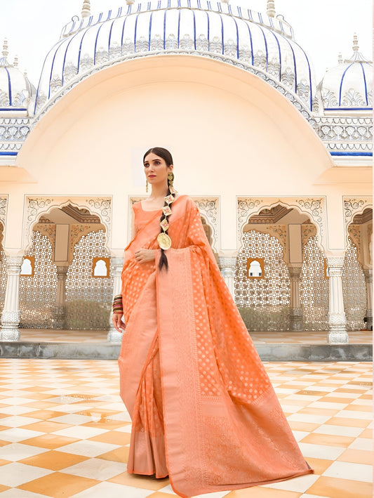 EKKTARA Saree For Women Orange Colour Khadi Handloom Weaving Silk Saree With Unstitched Blouse