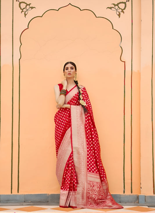 EKKTARA Saree For Women Red Colour Khadi Handloom Weaving Silk Saree With Unstitched Blouse