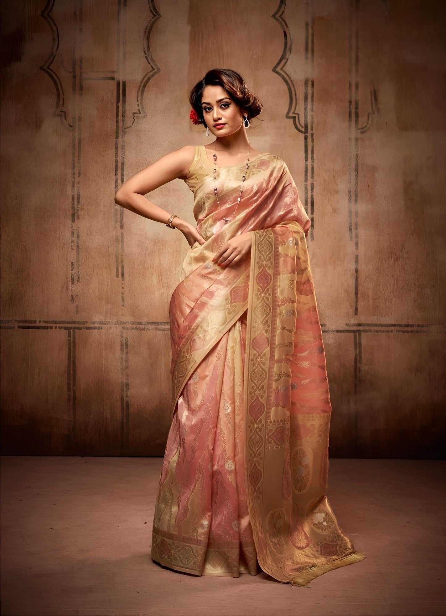 EKKTARA Saree For Women Golden Colour Organza Silk With Zari Weaving Saree And Unstitched Blouse