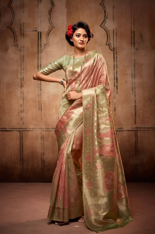 EKKTARA Saree For Women Peach Colour Organza Silk With Zari Weaving Saree And Unstitched Blouse