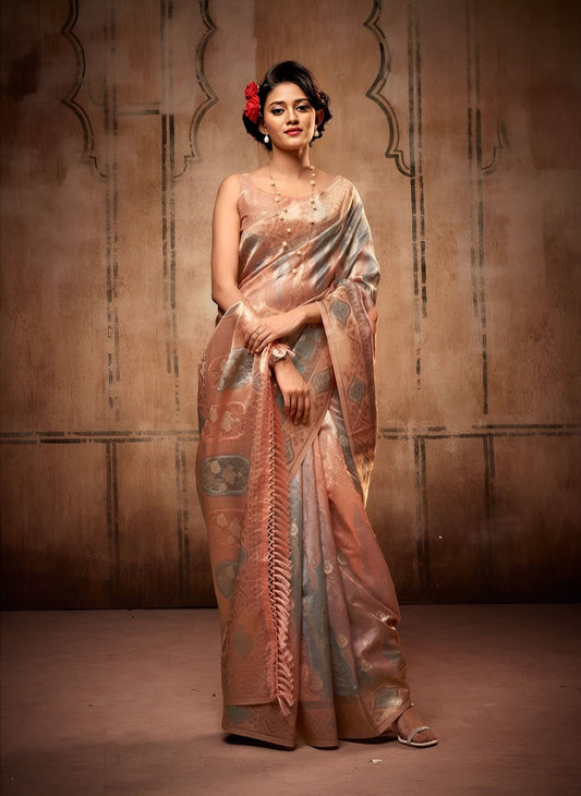 EKKTARA Saree For Women Grey Colour Organza Silk With Zari Weaving Saree And Unstitched Blouse