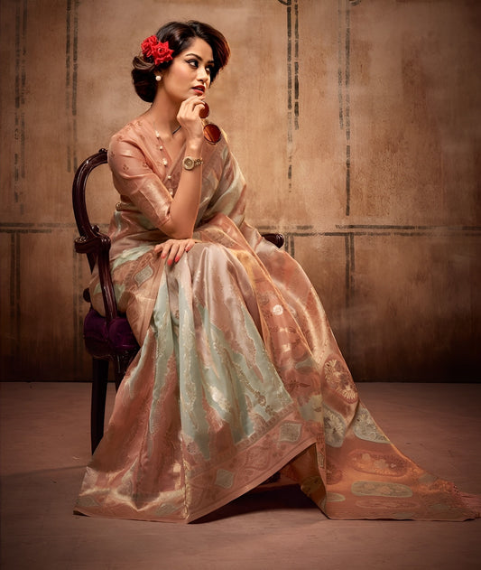 EKKTARA Saree For Women Pista Colour Organza Silk With Zari Weaving Saree And Unstitched Blouse