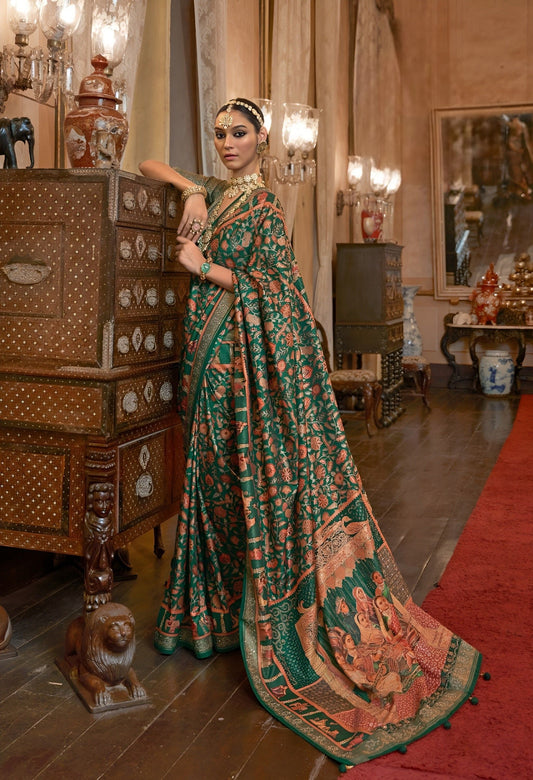 EKKTARA Saree For Women Green Colour Patola Weaving Saree With Unstitched Blouse