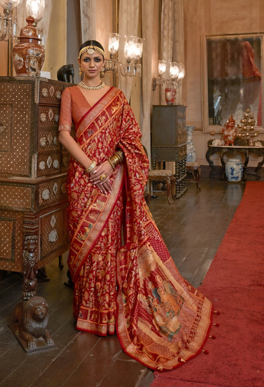 EKKTARA Saree For Women Red Colour Patola Weaving Saree With Unstitched Blouse