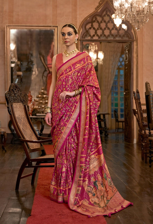 EKKTARA Saree For Women Pink Colour Patola Weaving Saree With Unstitched Blouse