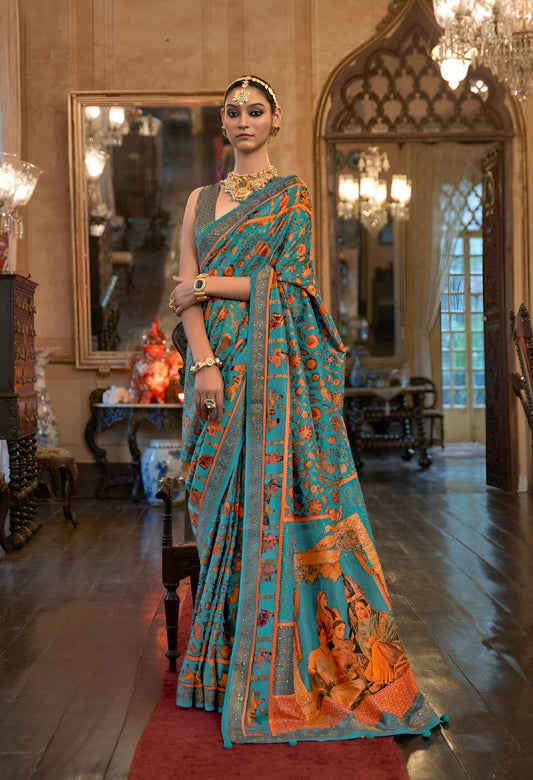 EKKTARA Saree For Women Turquoise Colour Patola Weaving Saree With Unstitched Blouse