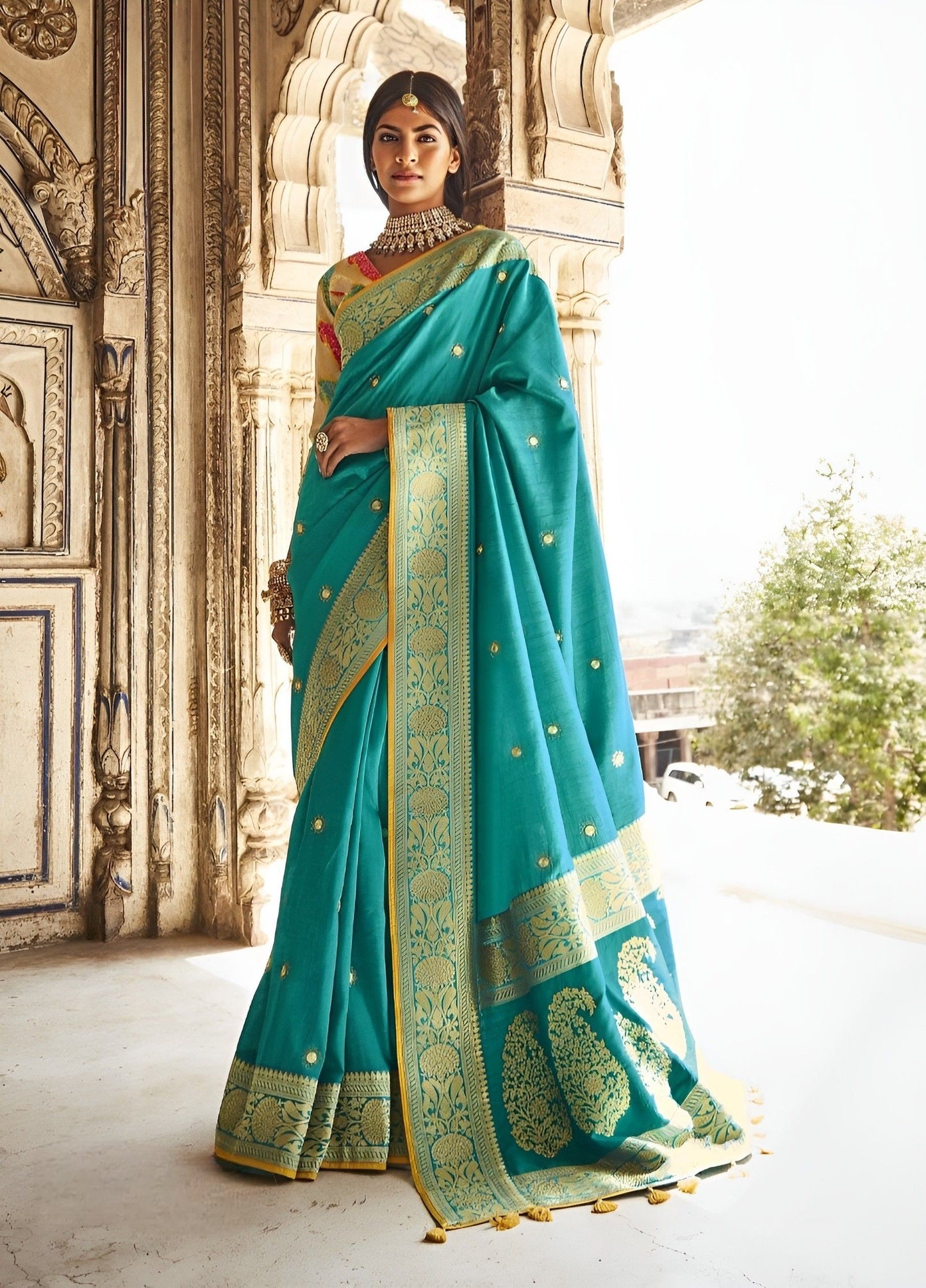 EKKTARA Saree For Women Turquoise Colour Designer Paithani Saree With Unstitched Designer Blouse