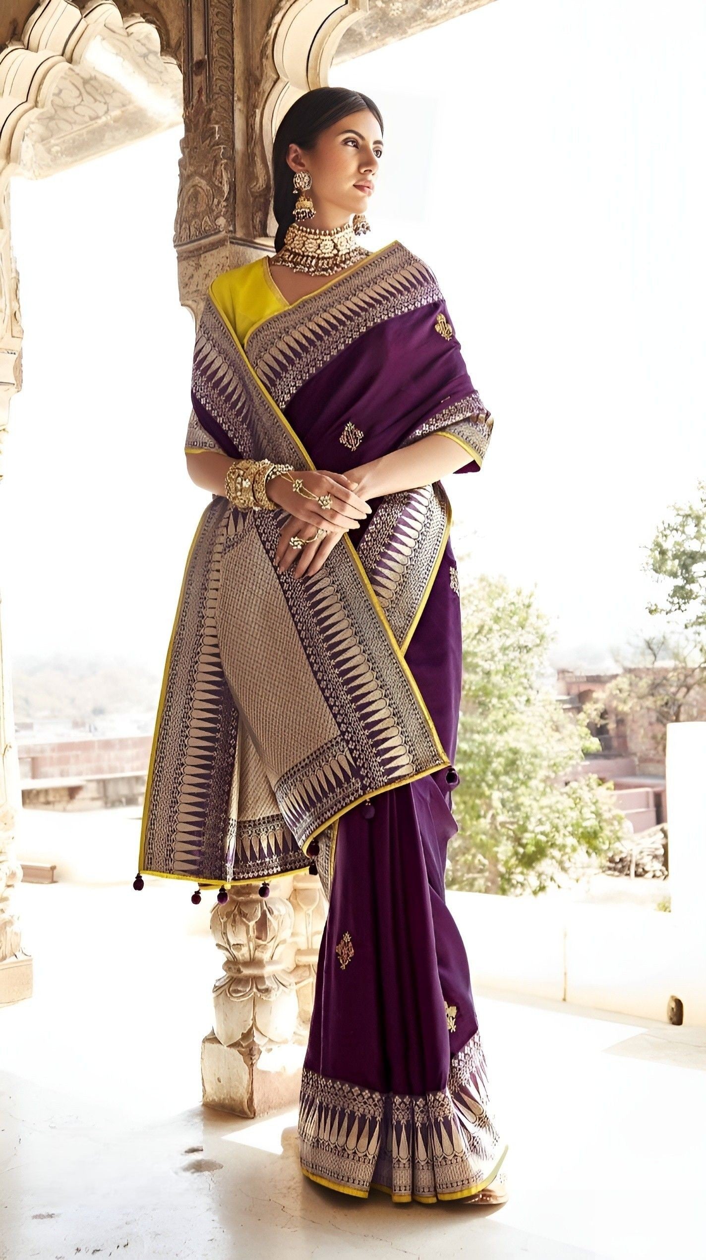 EKKTARA Saree For Women Purple Colour Designer Paithani Saree With Unstitched Designer Blouse