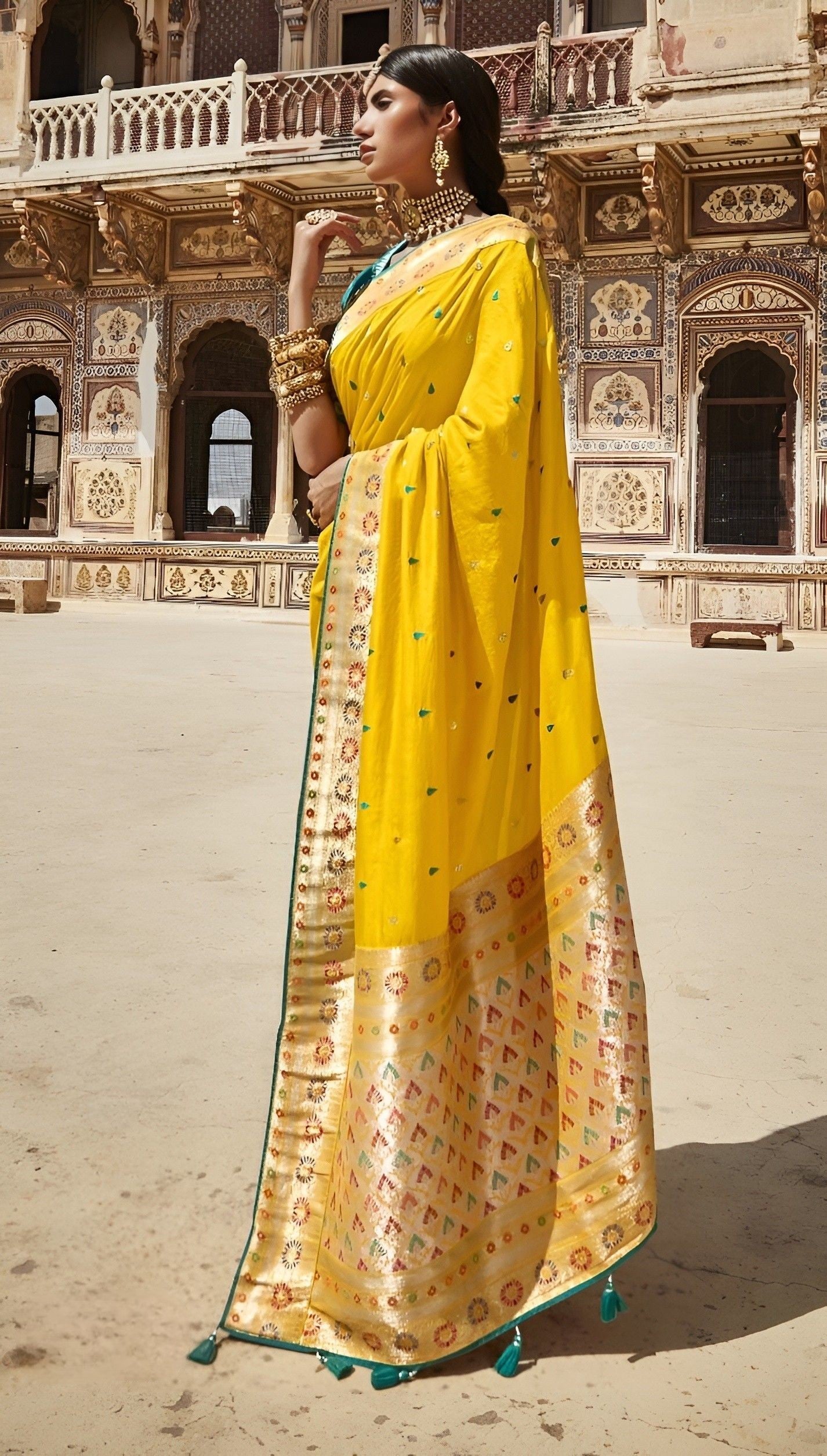 EKKTARA Saree For Women Yellow Colour Designer Paithani Saree With Unstitched Designer Blouse