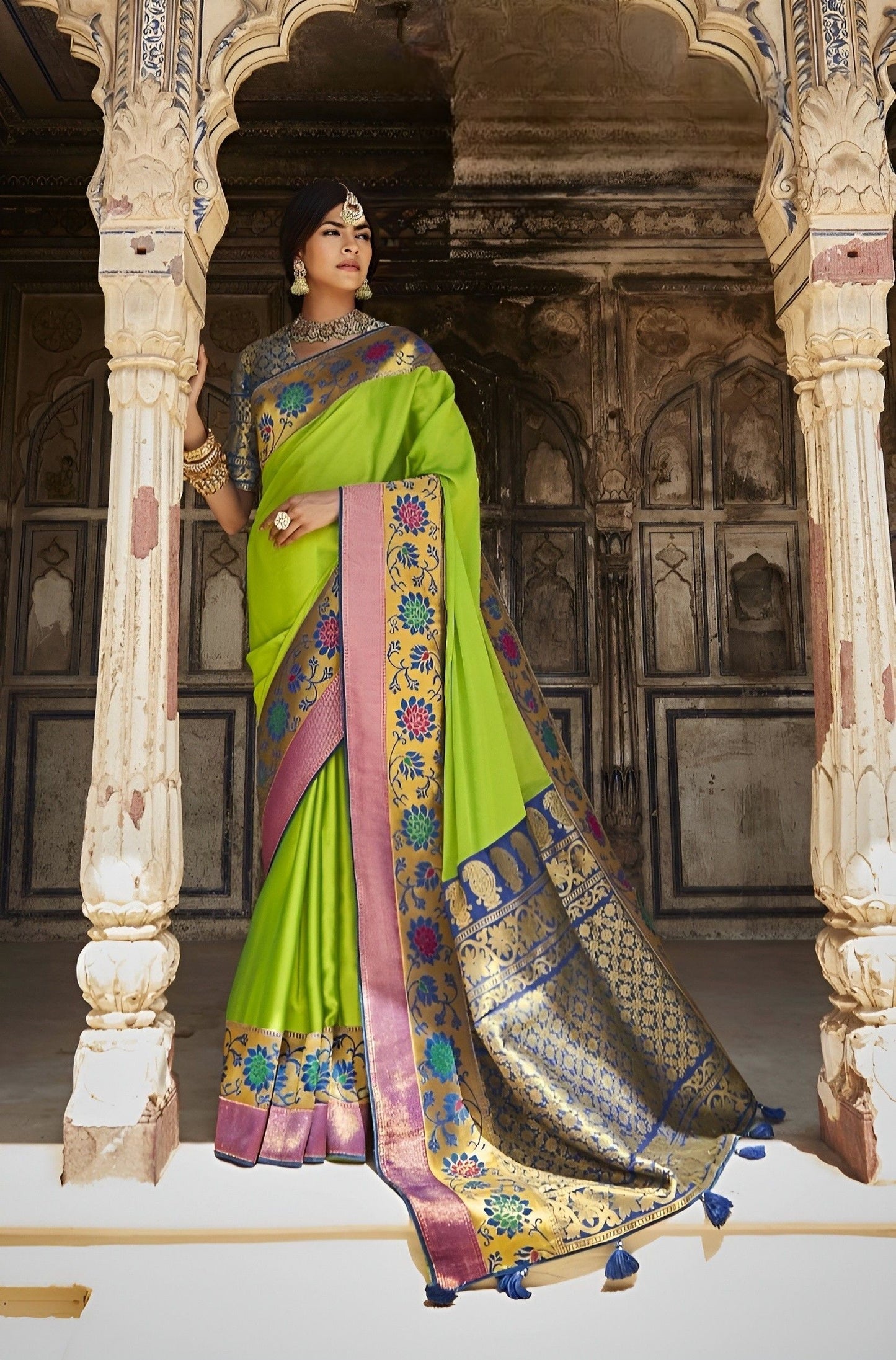 EKKTARA Saree For Women Lime Colour Designer Paithani Saree With Unstitched Designer Blouse